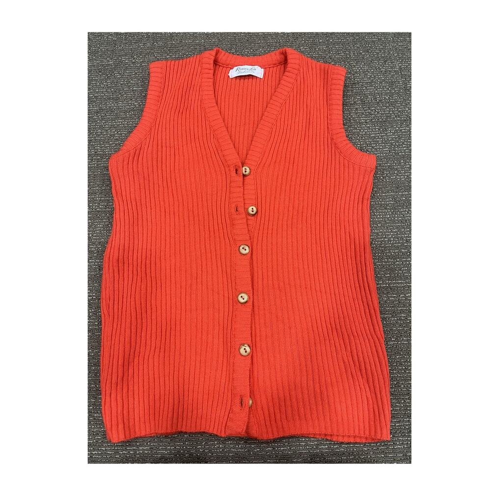 Robby Len Fashions Red Ribbed Sleeveless Button Cardigan Sweater Vintage